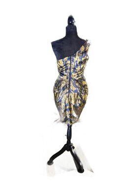 Snap One Shoulder Satin Ruched Mini Dress Black Gold Orange Size M